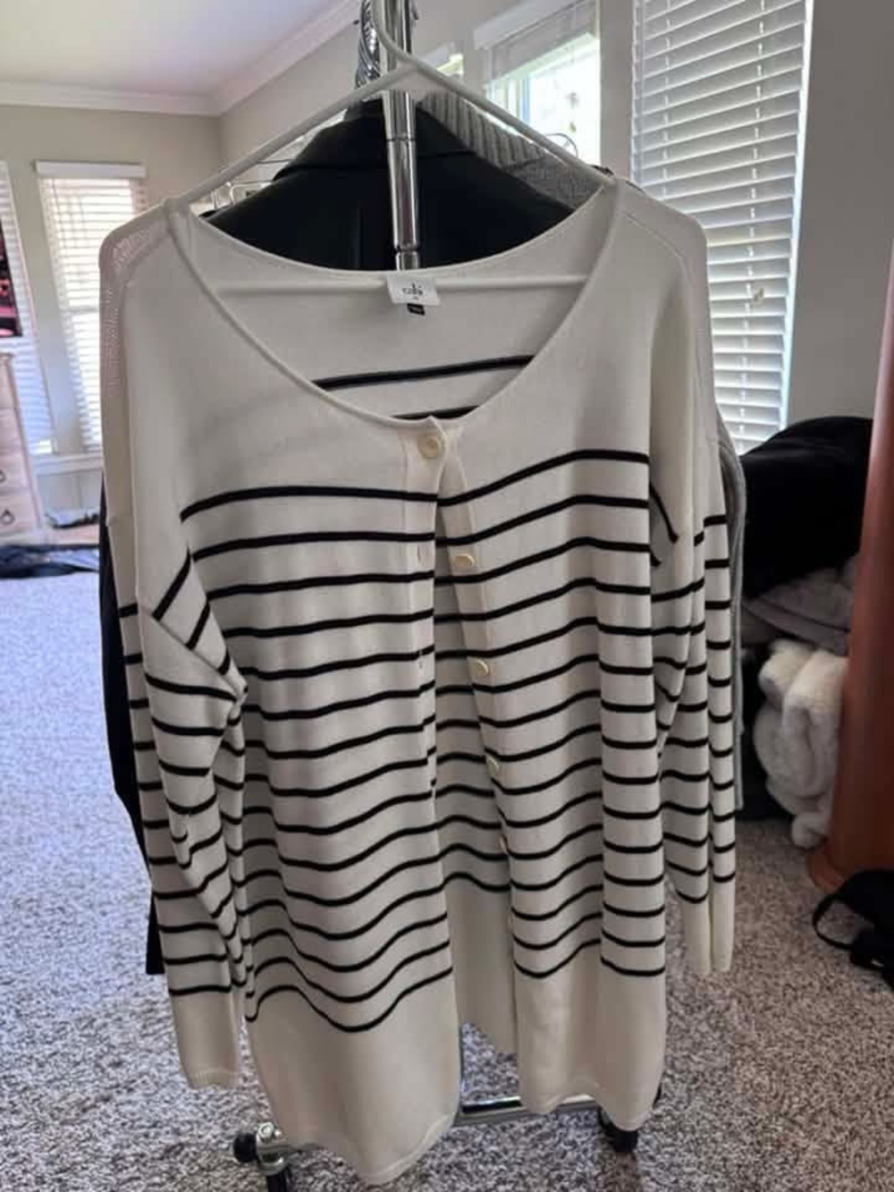 CAbi White Cardigan with Black Stripes
